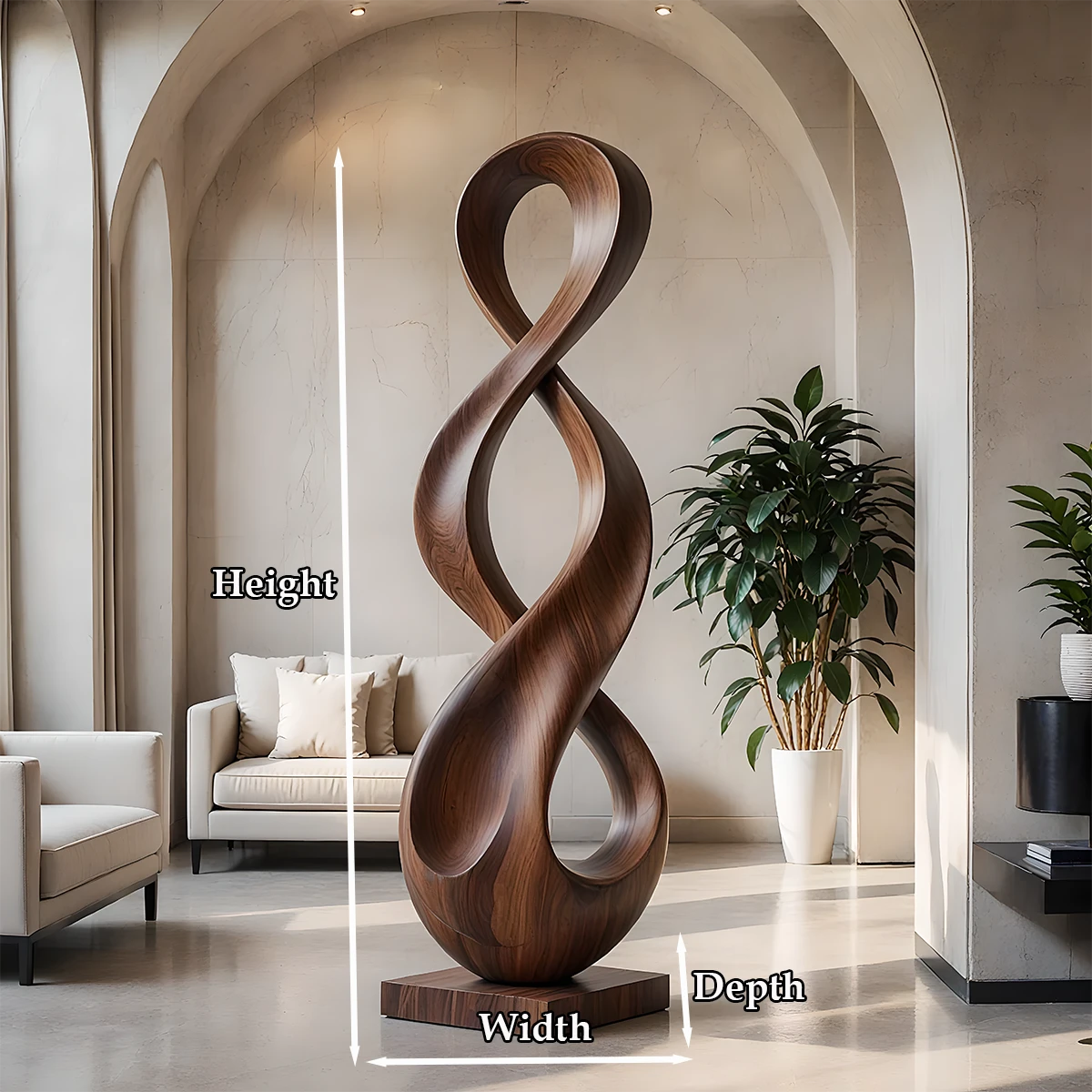 Organic loop floor sculpture featuring fluid curves and smooth walnut tone finish appearance