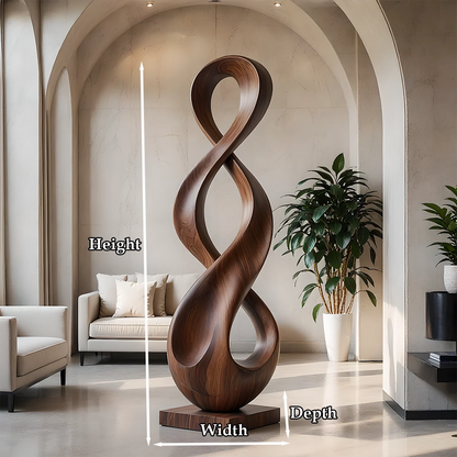 Organic loop floor sculpture featuring fluid curves and smooth walnut tone finish appearance