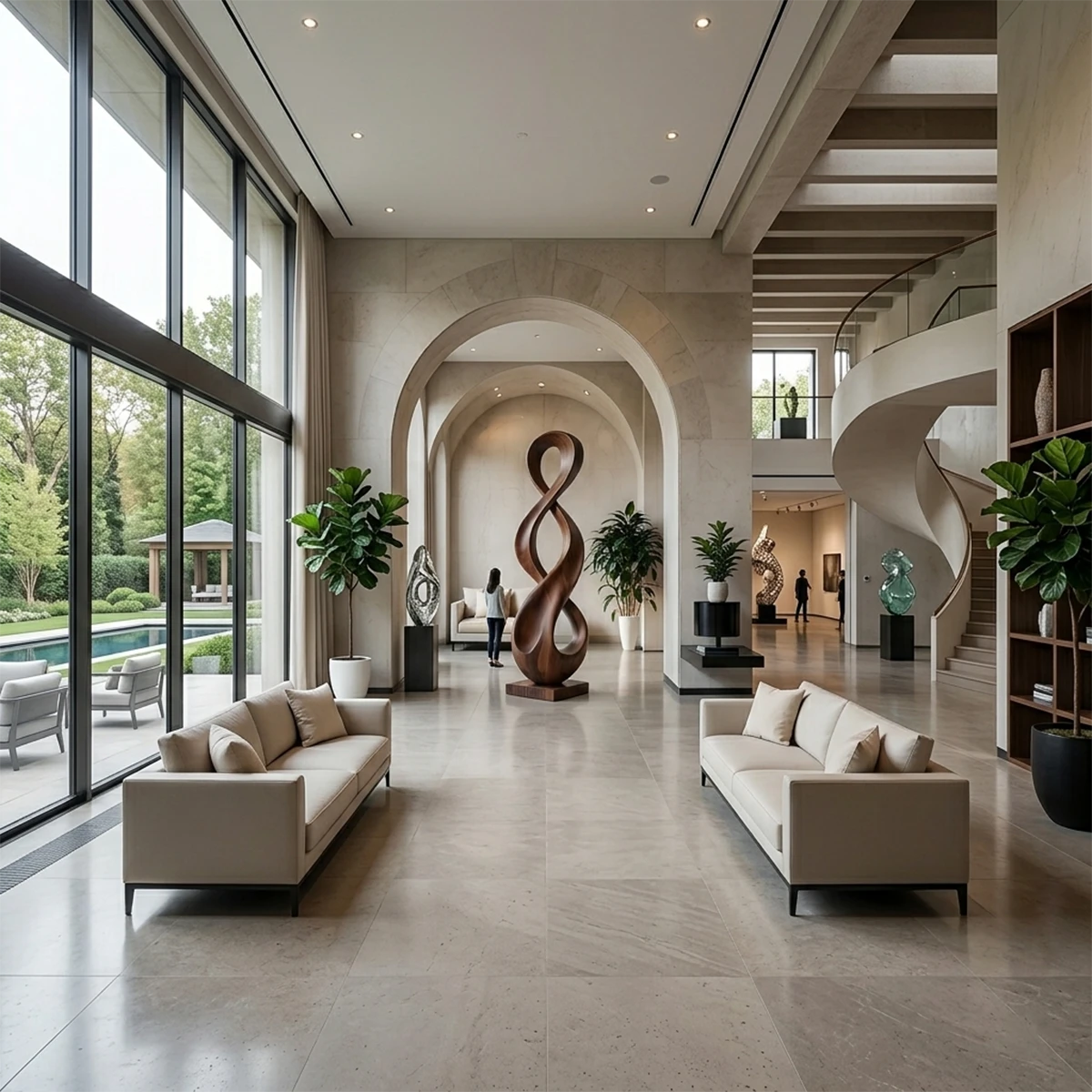 Organic loop floor sculpture featuring fluid curves and smooth walnut tone finish appearance