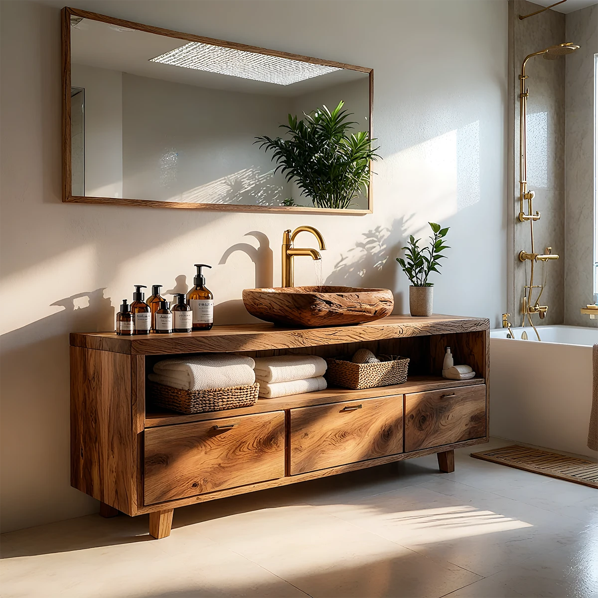 Japandi walnut bathroom vanity with handcrafted wood vessel sink