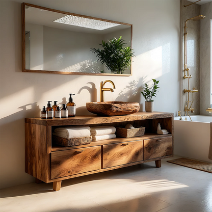 Japandi walnut bathroom vanity with handcrafted wood vessel sink