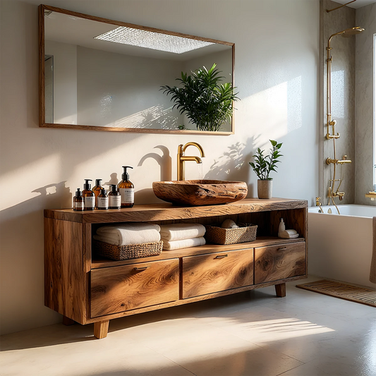 Japandi walnut bathroom vanity with handcrafted wood vessel sink