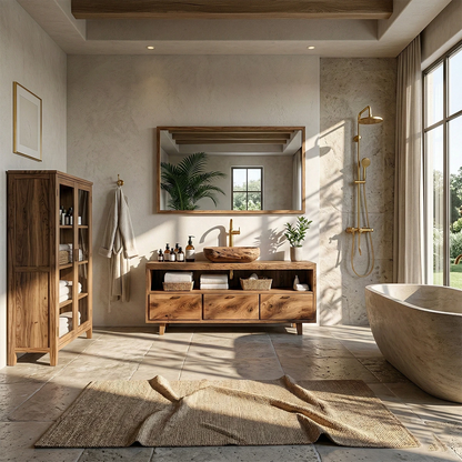 Japandi style walnut bathroom vanity with open shelf storage