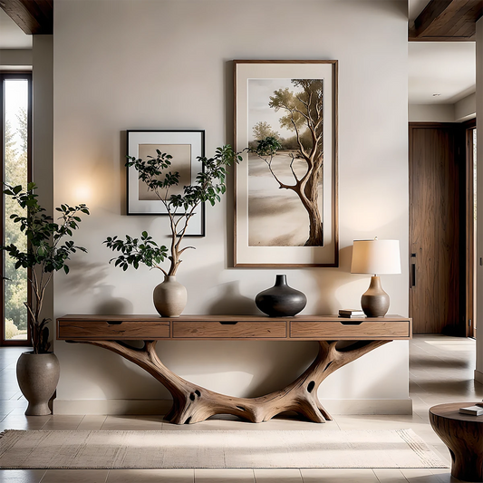 Large entryway styled with a solid wood console table featuring organic root style base and drawers