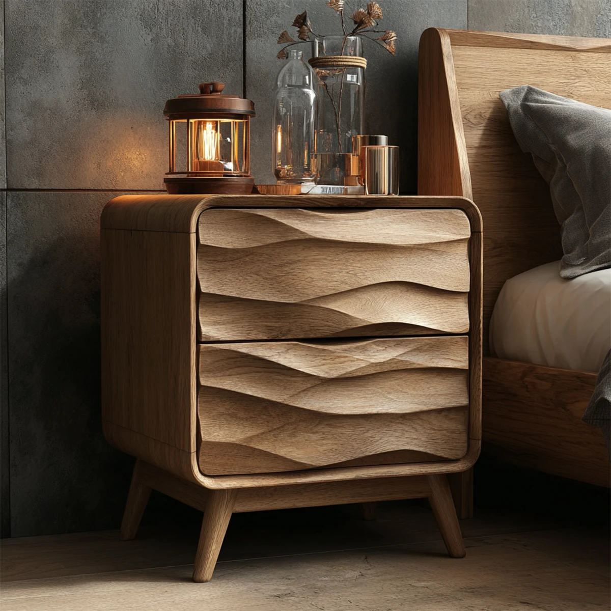 Layered wave nightstand featuring three drawer storage and smooth oak tone finish bedside décor