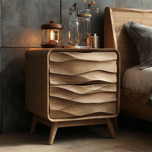 Layered wave nightstand featuring three drawer storage and smooth oak tone finish bedside décor