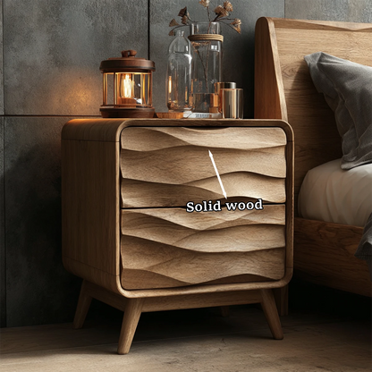 Functional bedside unit showcasing sculpted drawer layers and warm oak tone finish