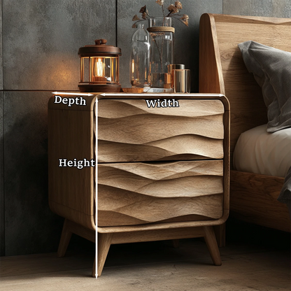 Statement bedroom nightstand featuring dimensional wave fronts and polished oak tone finish
