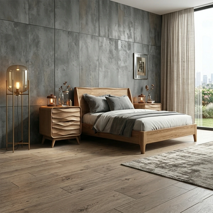 Modern bedside table showcasing sculpted layered drawer fronts and refined oak tone finish