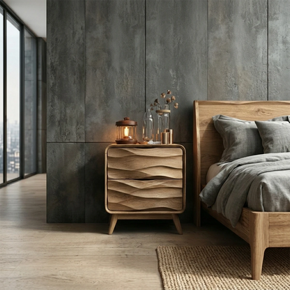 Elegant bedroom nightstand designed with flowing wave texture and warm oak tone finish