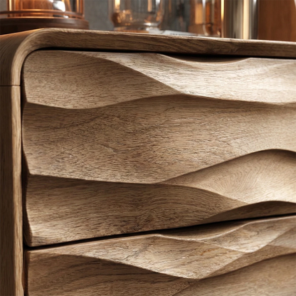 Contemporary bedside cabinet displaying dimensional layered panels and polished oak tone finish