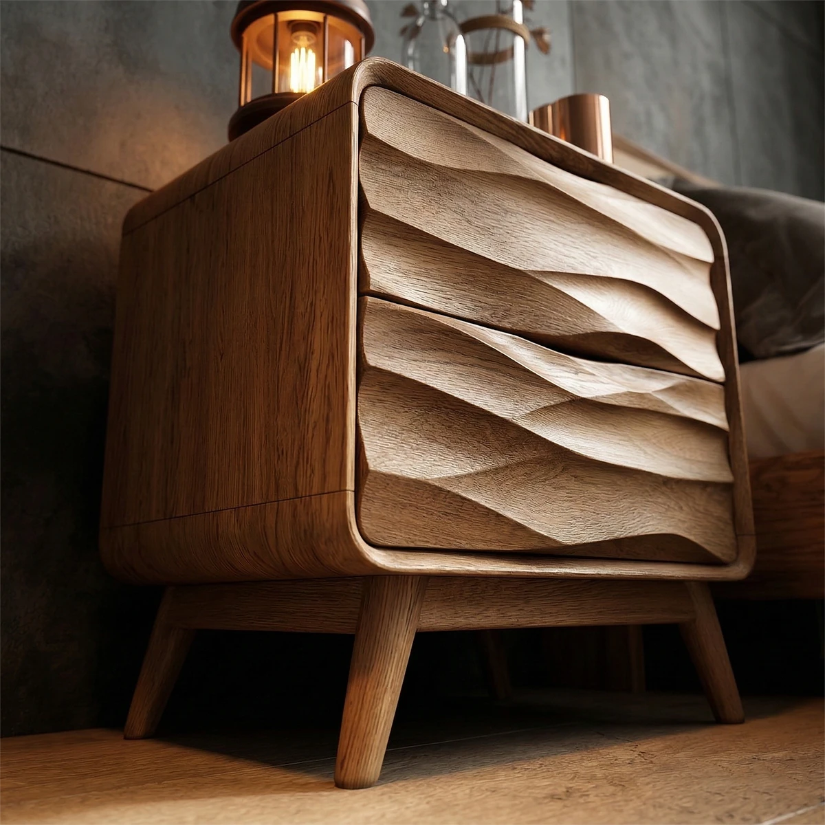 Decorative modern nightstand featuring artistic drawer waves and rich oak tone finish detail