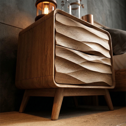 Decorative modern nightstand featuring artistic drawer waves and rich oak tone finish detail