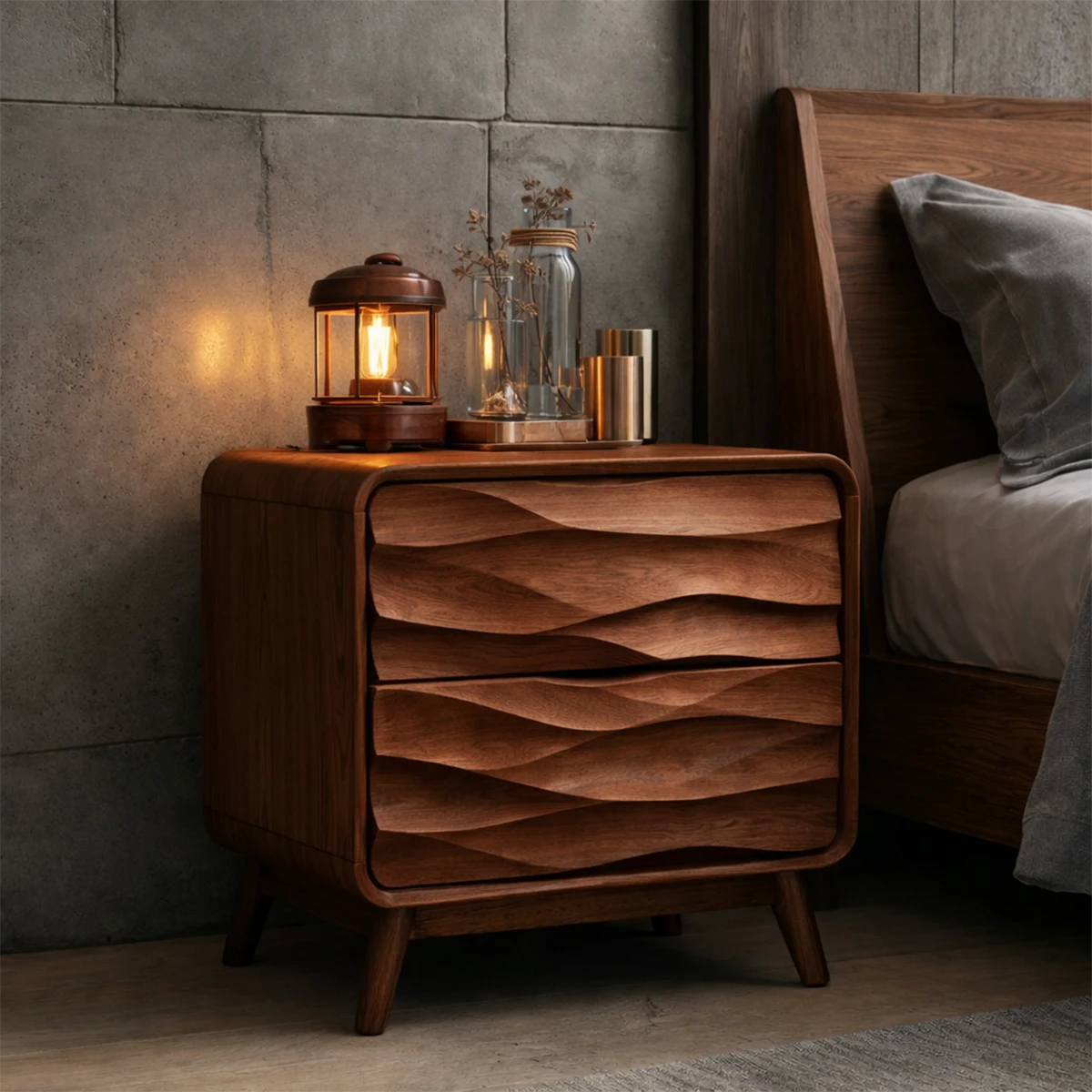 Luxury bedside cabinet showcasing stacked wave styling and refined brown tone finish
