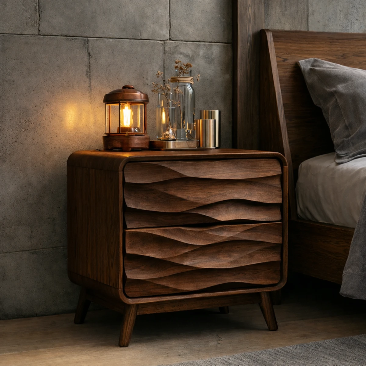 Minimalist bedroom nightstand featuring layered textured drawers and elegant walnut tone finish