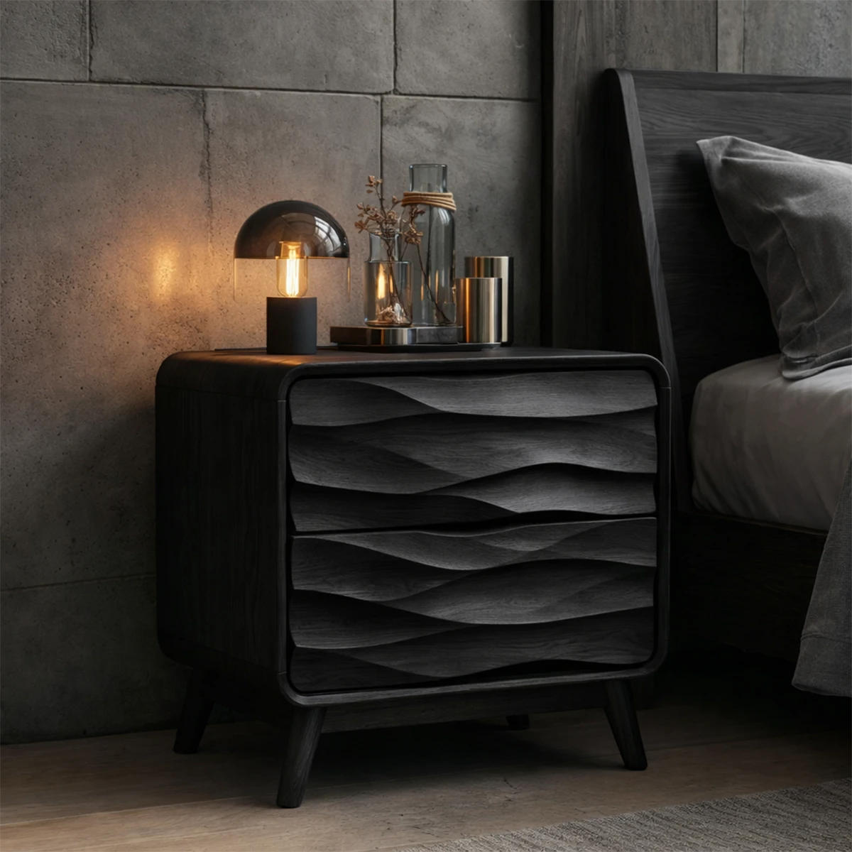 Stylish bedside storage table designed with modern layered pattern and black tone finish