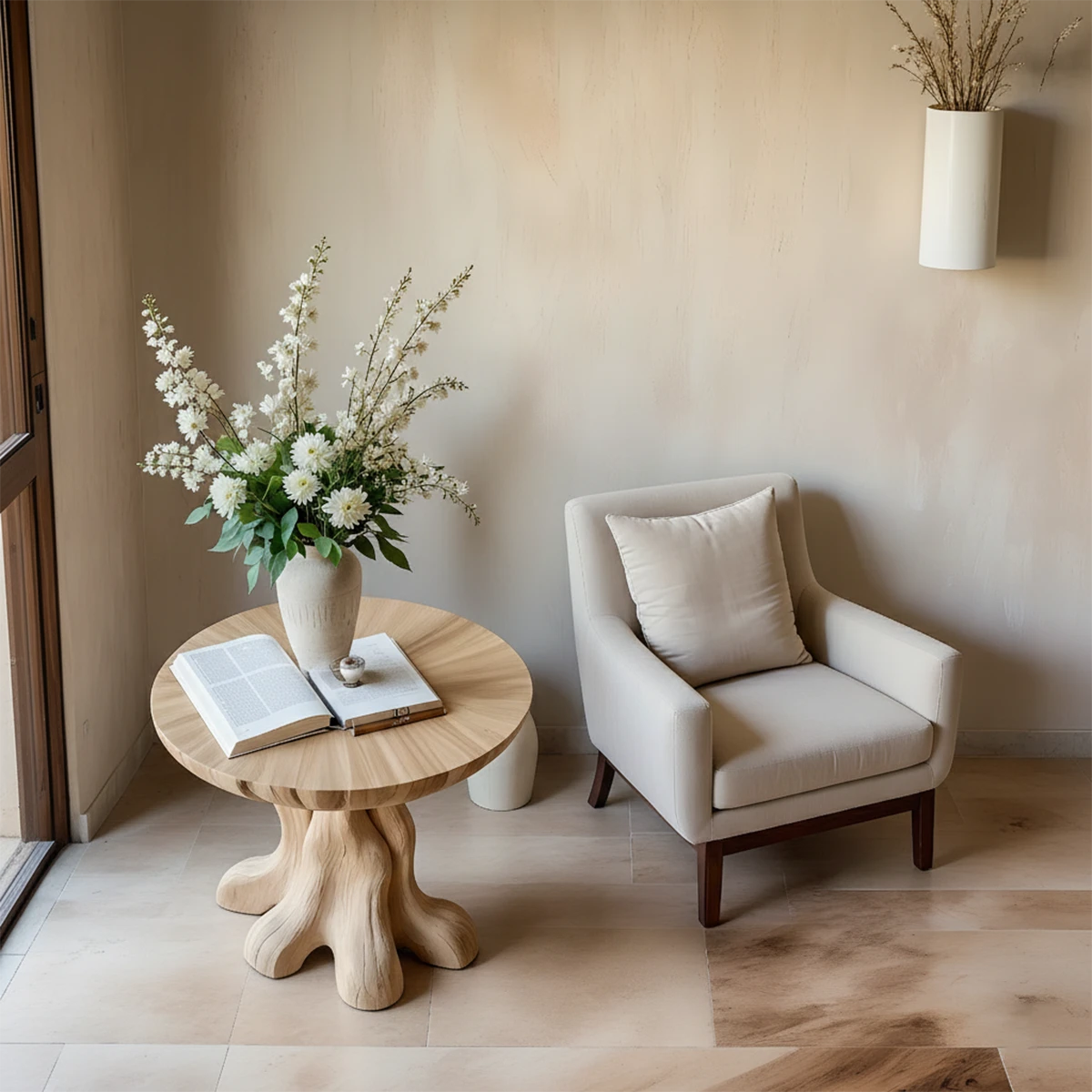 Featuring a light oak tone side table with curved shape and practical shelf for decor