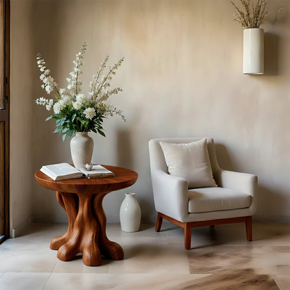 In a neutral interior, the brown color end table highlights subtle grain and modern styling