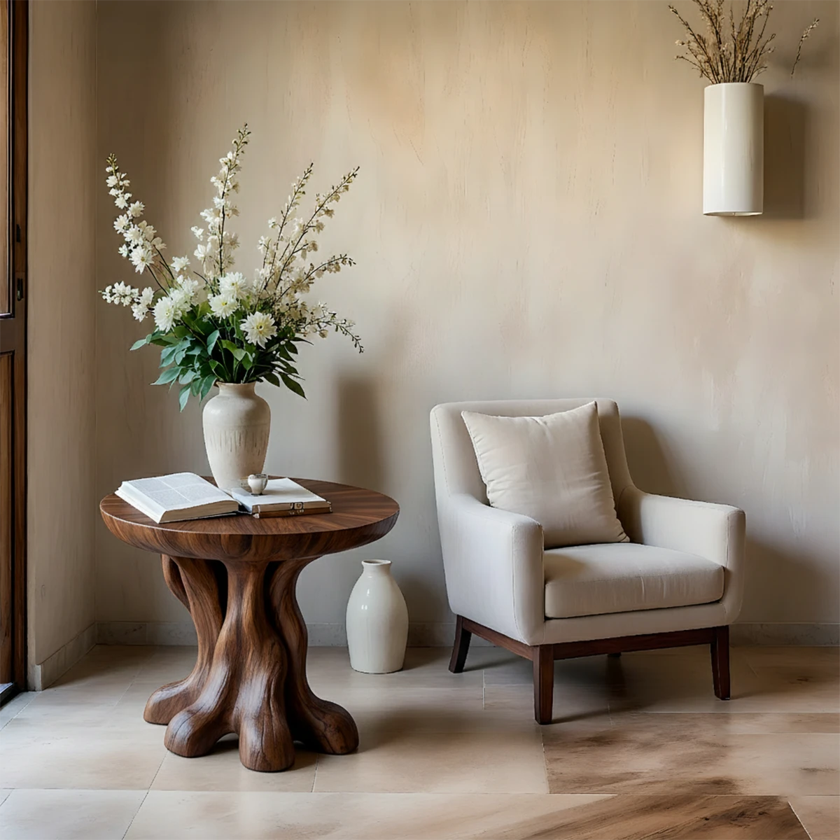 A compact accent table in light walnut tone finish with rounded edges and open shelf storage