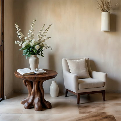 A compact accent table in light walnut tone finish with rounded edges and open shelf storage