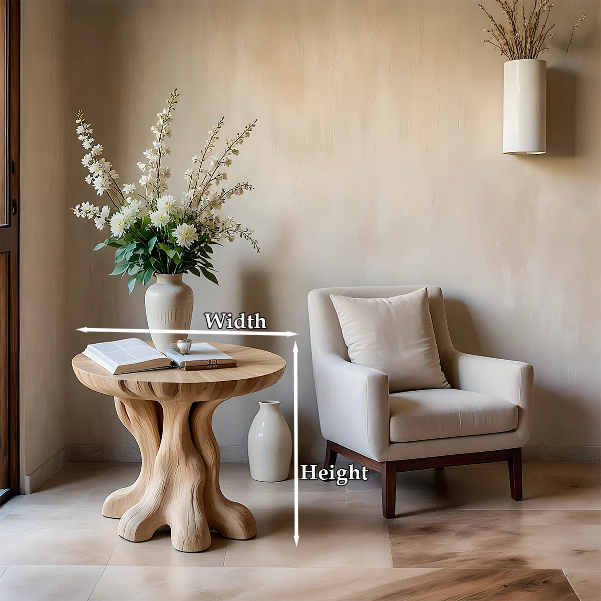 The light oak tone end table combines sculptural base detail with a clean top surface