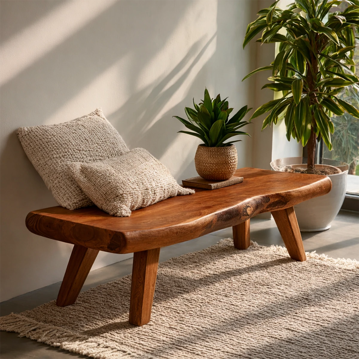 Japandi inspired bench designed with natural contour seat and refined brown tone finish