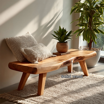 Modern organic bench displaying natural slab form and smooth oak tone finish seating