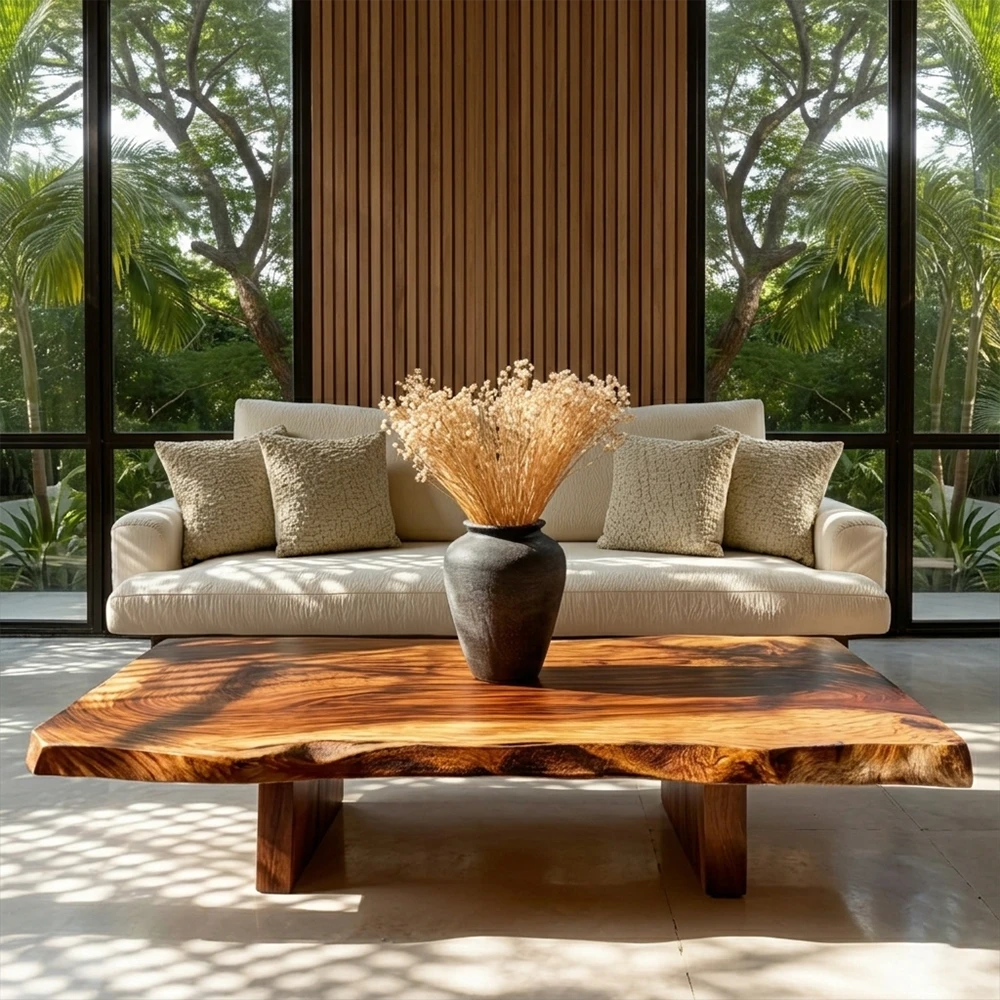 Modern living room with a wooden coffee table and beige sofa against a glass wall with greenery.