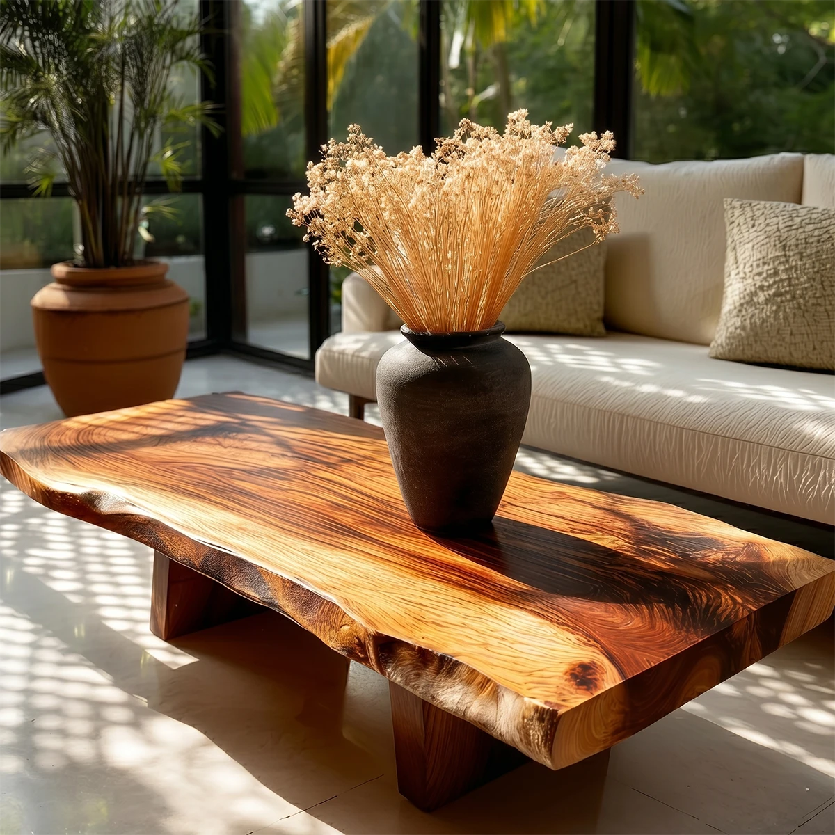 Natural wood coffee table with live edge top for bright modern living room spaces