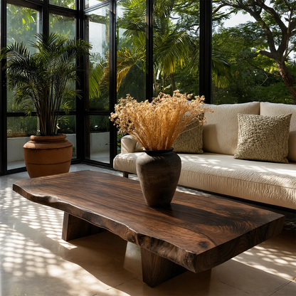 Modern coffee table with raw edge detail and natural finish for relaxed home interiors