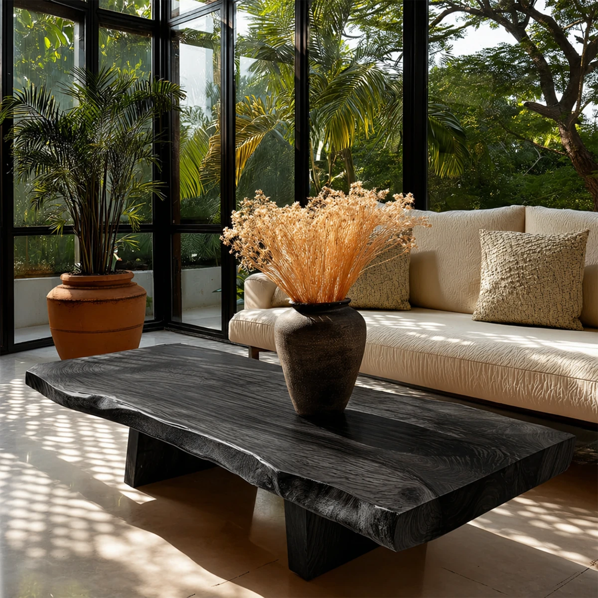 Statement coffee table with live edge silhouette for modern open living space styling