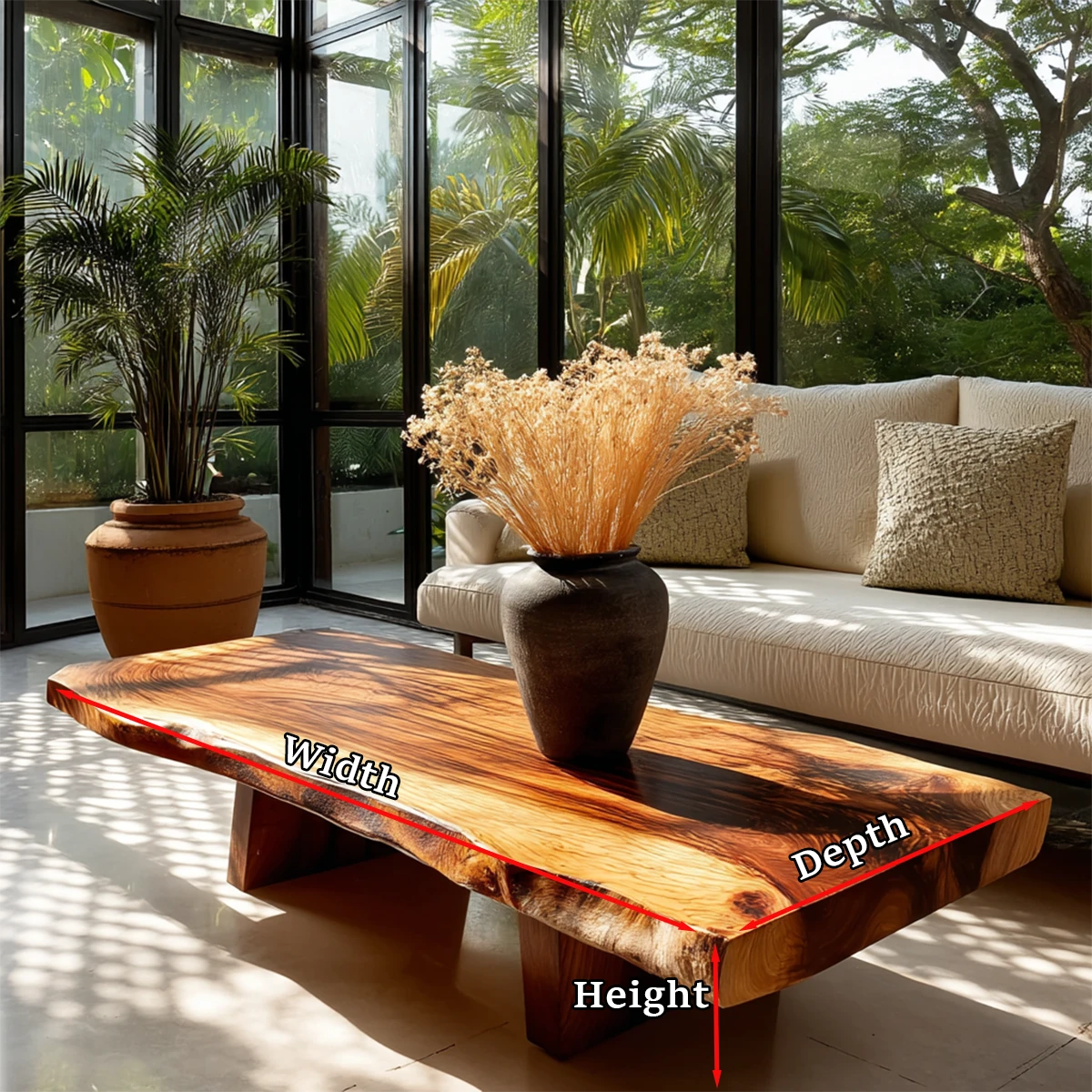 Low profile coffee table with live edge top for bright and airy modern living rooms