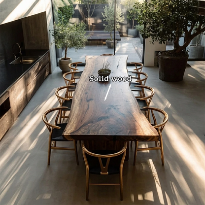 Elegant solid wood dining table with organic shape, ideal for minimalist upscale home design