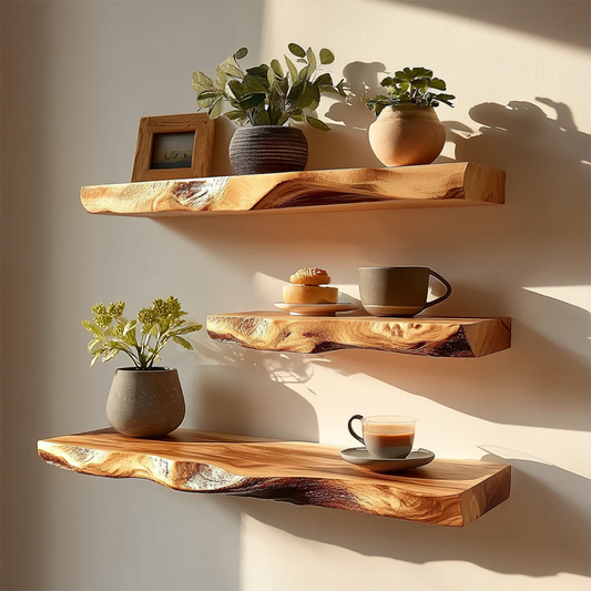 Live edge floating shelf featuring natural slab profile and smooth oak tone finish wall mounted storage