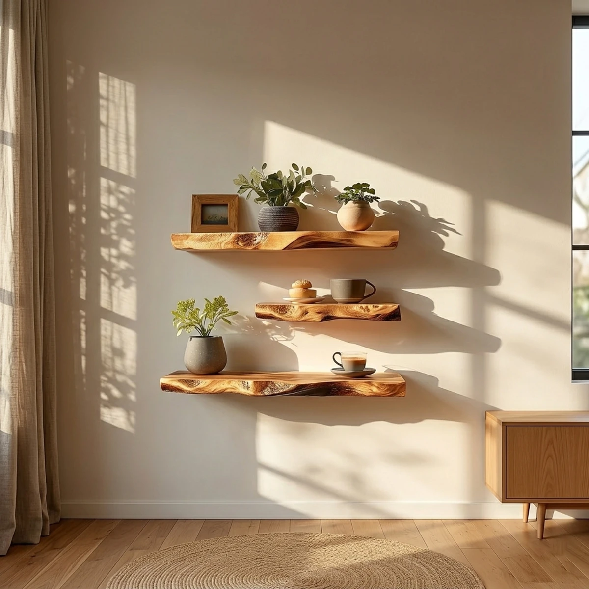Modern wall floating shelf designed with natural edge detail and refined oak tone finish display