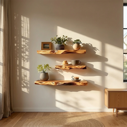 Modern wall floating shelf designed with natural edge detail and refined oak tone finish display
