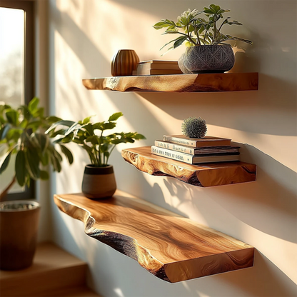 Contemporary floating wall shelf showcasing organic slab styling and warm oak tone finish