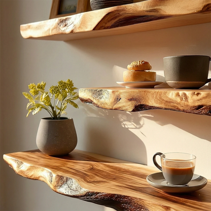 Minimalist wall mounted shelf featuring natural live edge contour and smooth oak tone finish