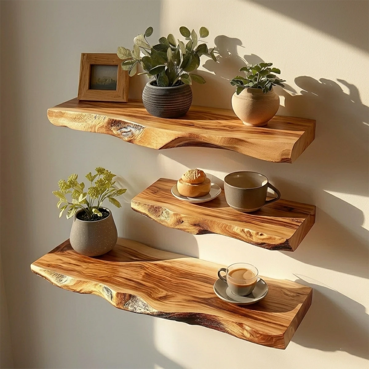 Decorative floating shelf designed with organic slab surface and polished oak tone finish