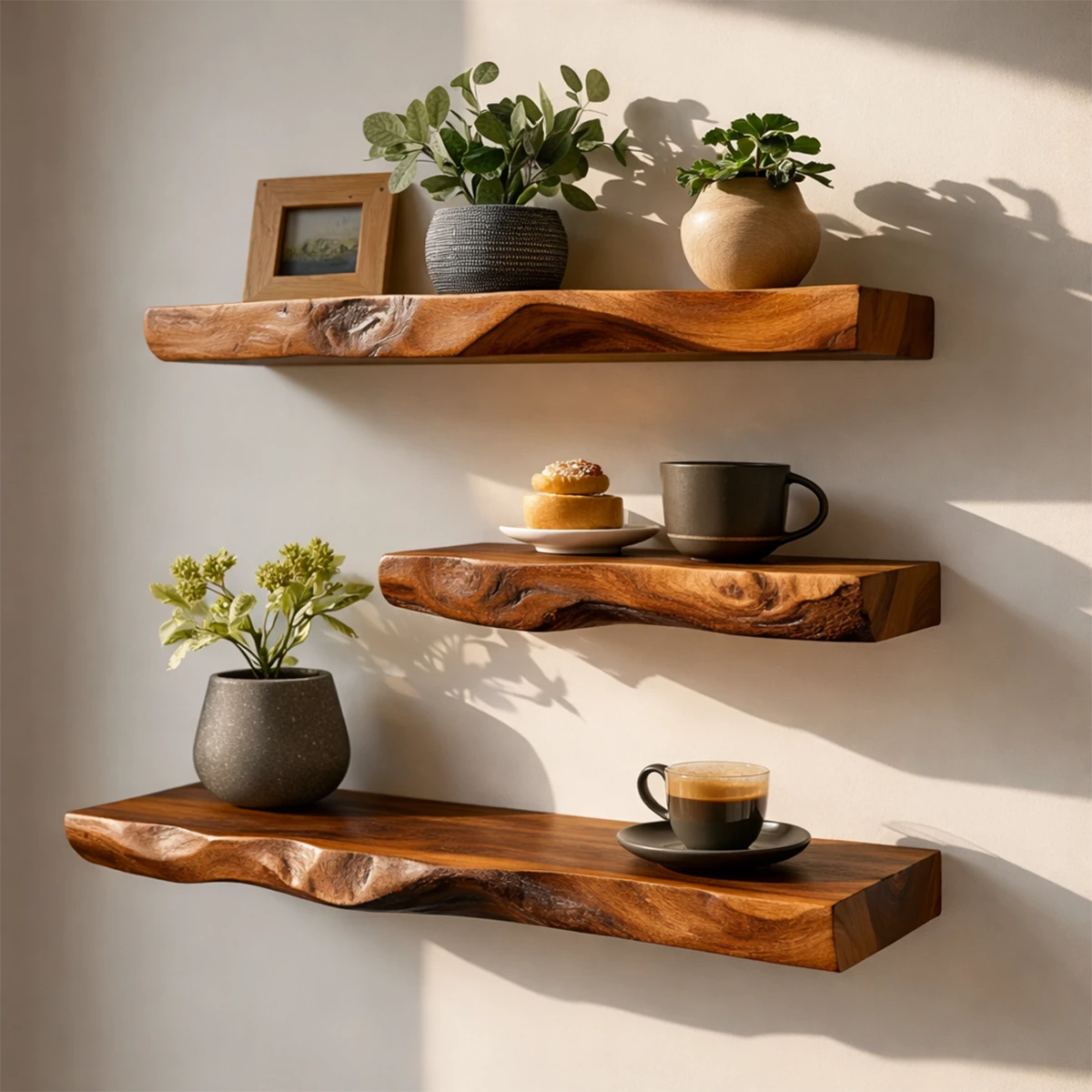 Rustic modern floating shelf displaying natural edge styling and refined brown tone finish