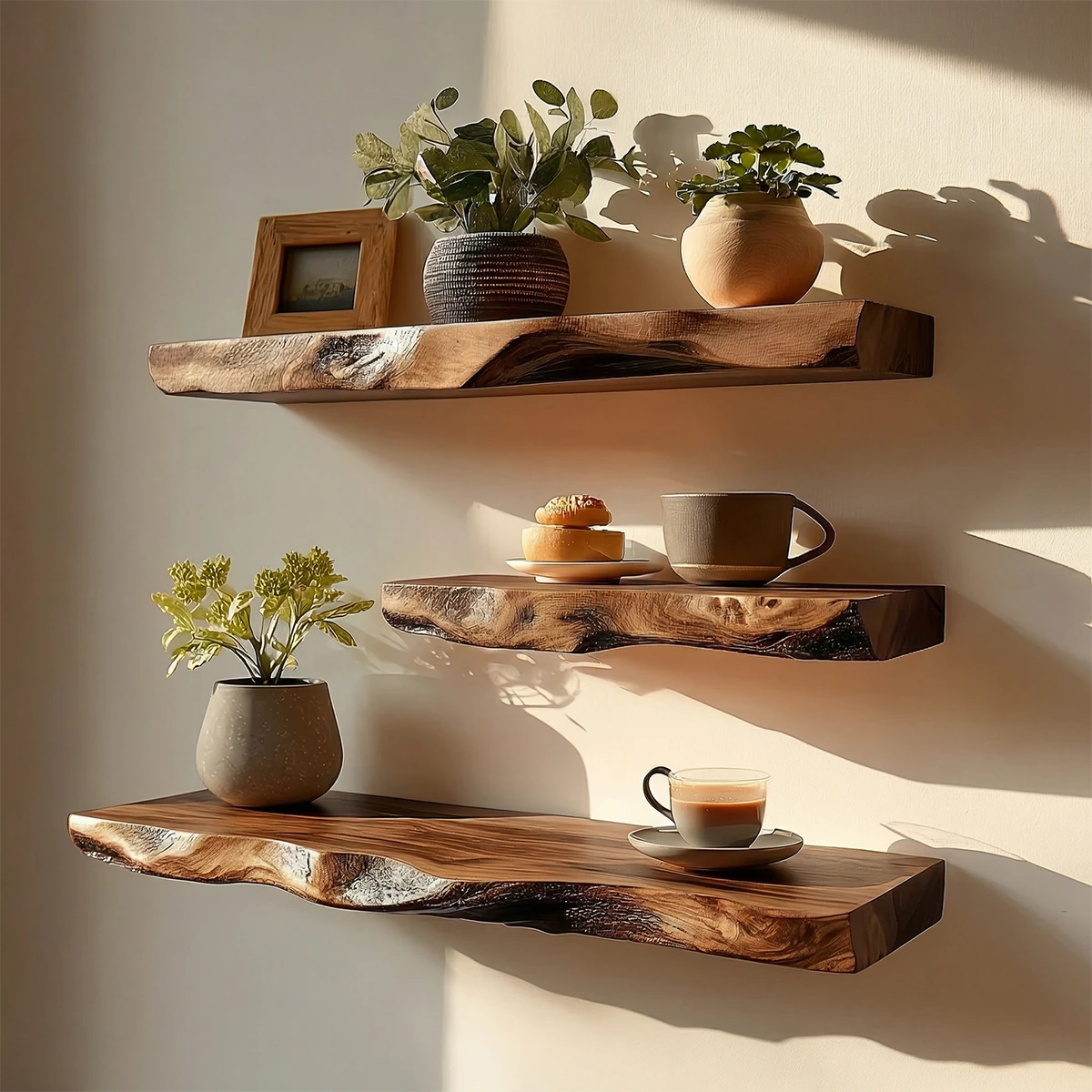 Functional wall display shelf featuring handcrafted slab design and warm walnut tone finish
