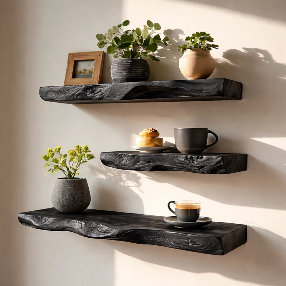 Japandi style floating shelf showcasing natural slab character and smooth black tone finish