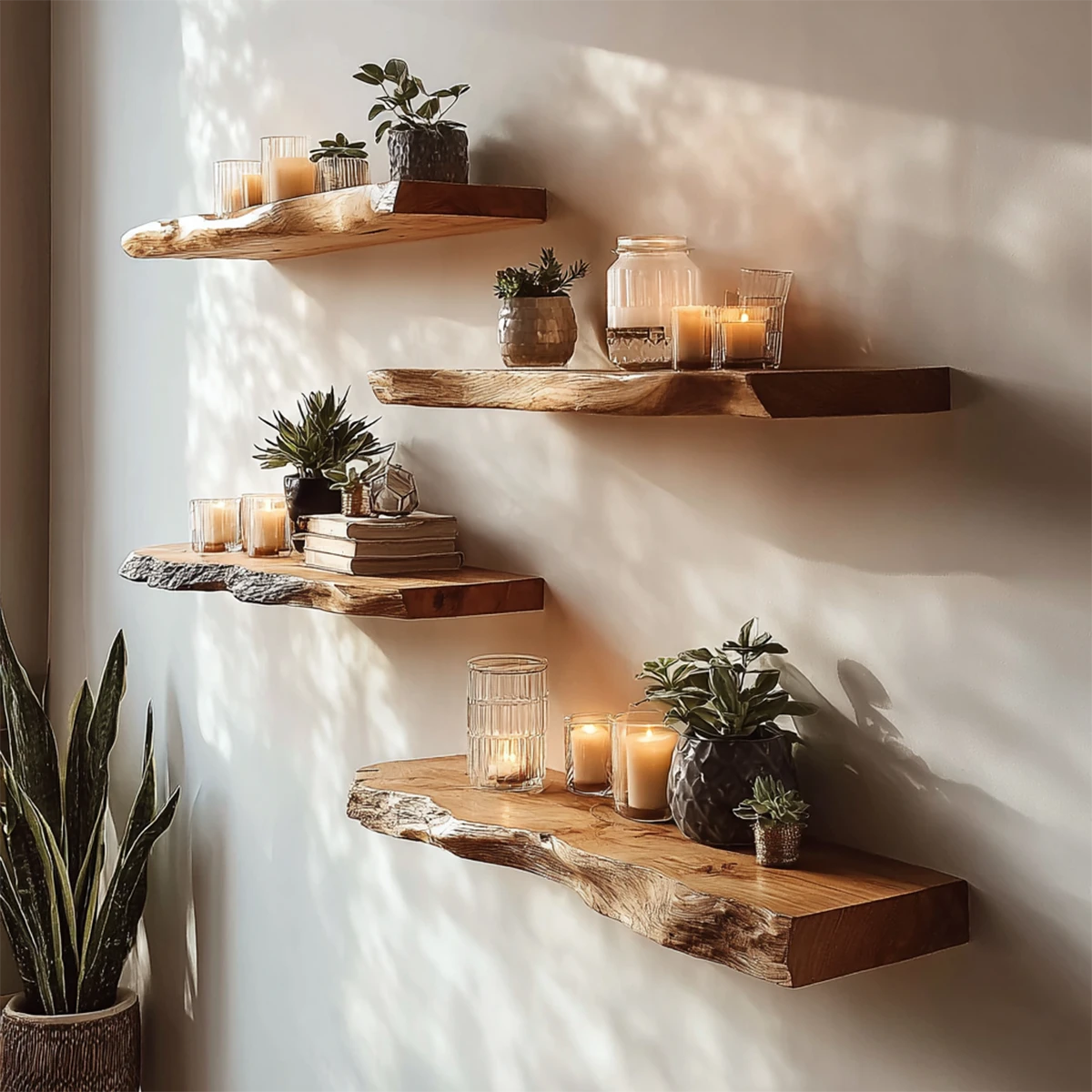 Live edge floating shelves featuring natural slab styling and smooth oak tone finish wall display