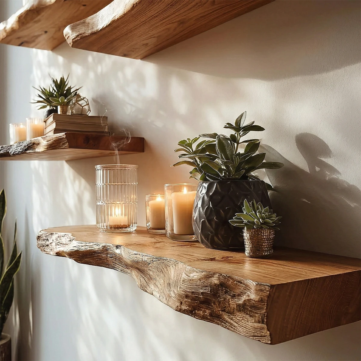 Contemporary floating wall shelves showcasing handcrafted slab detail and warm oak tone finish