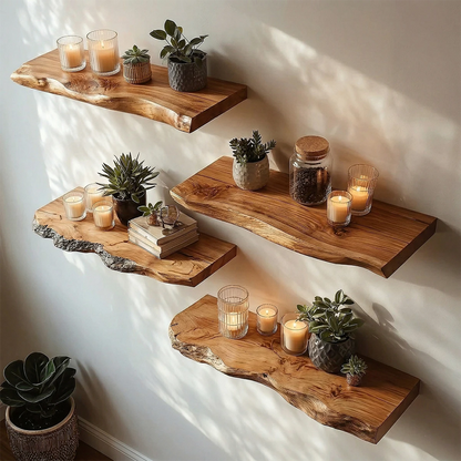 Minimalist wall mounted shelves featuring natural live edge profile and smooth oak tone finish