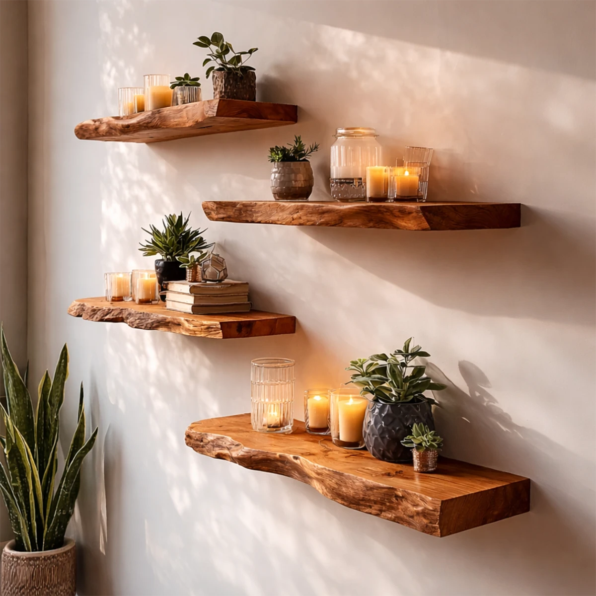 Decorative floating wall shelves designed with sculpted slab surface and polished brown tone finish