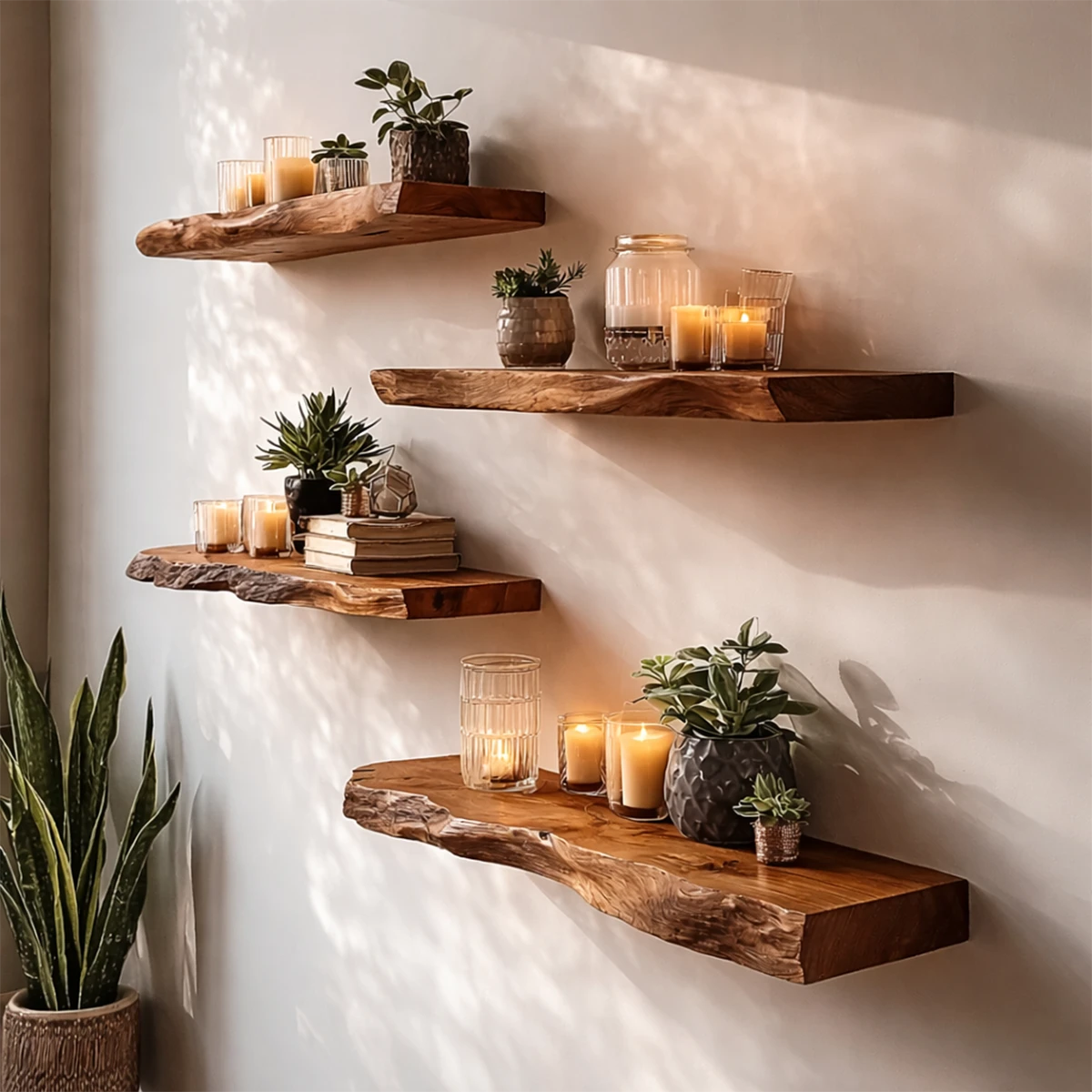 Functional wall display shelves showcasing organic slab character and refined walnut tone finish