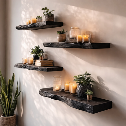 Japandi style floating shelves featuring natural slab contour and smooth black tone finish