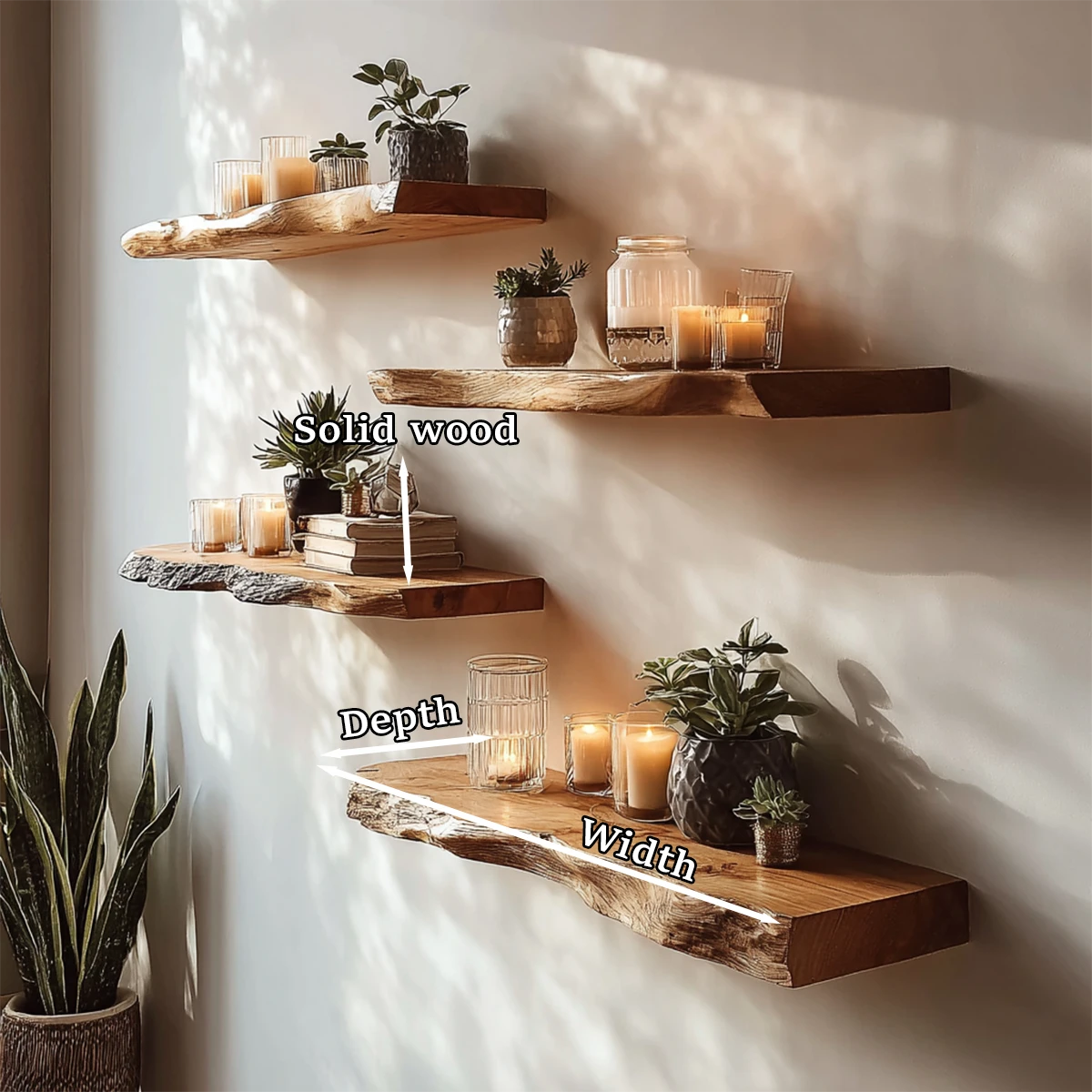 Rustic modern wall floating shelves displaying natural edge detail and warm oak tone finish