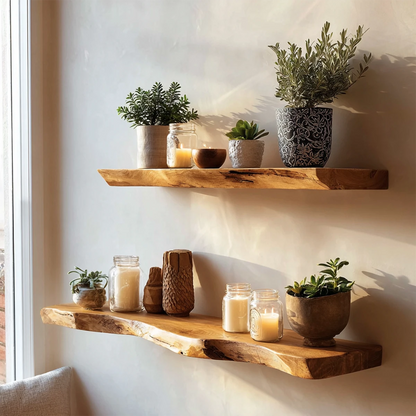 Live edge floating shelves featuring natural slab styling and smooth oak tone finish wall storage